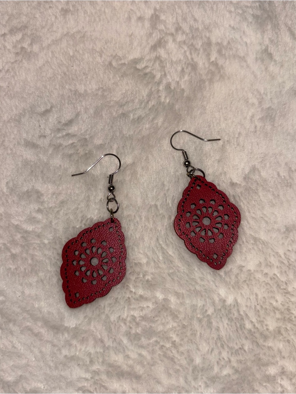 Red Faux Leather Filigree Laser Cut Dangle Drop Earrings